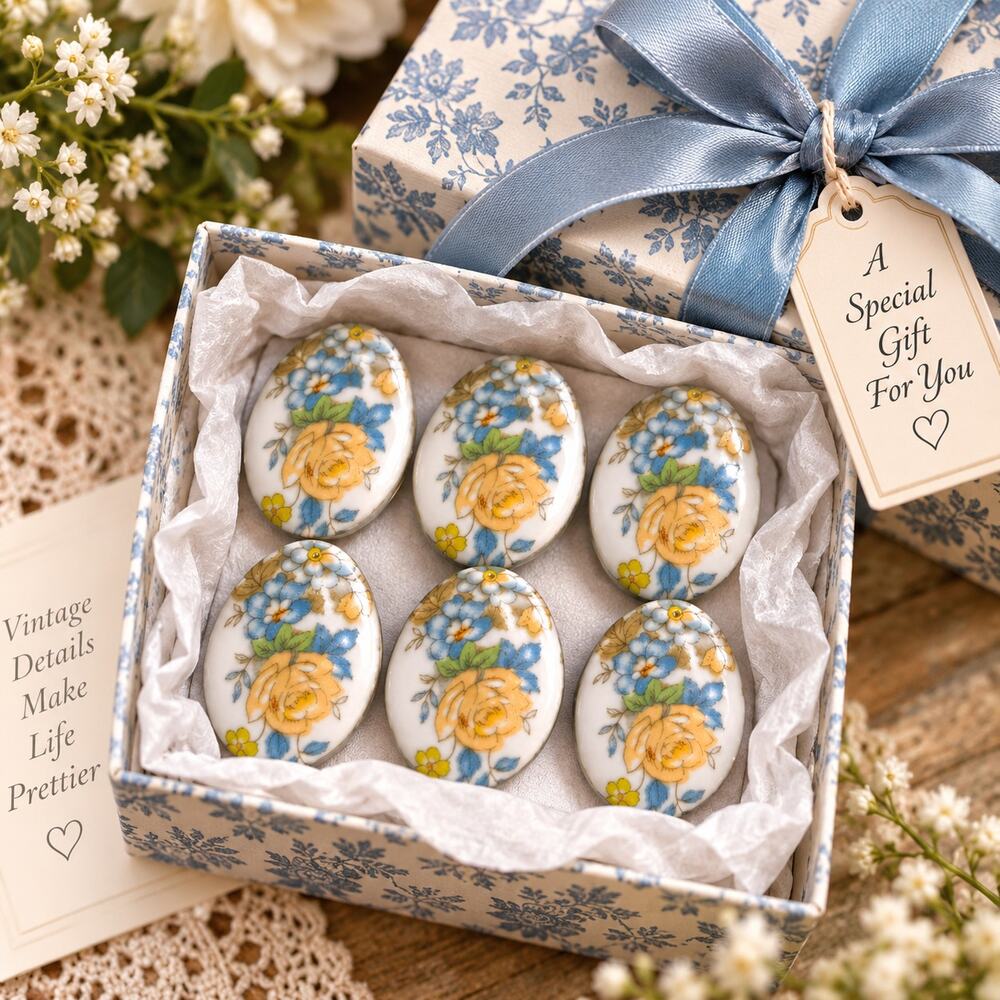 Vintage Porcelain Floral Button Covers Set of 6 Raised Painted Detail 1980s 90s